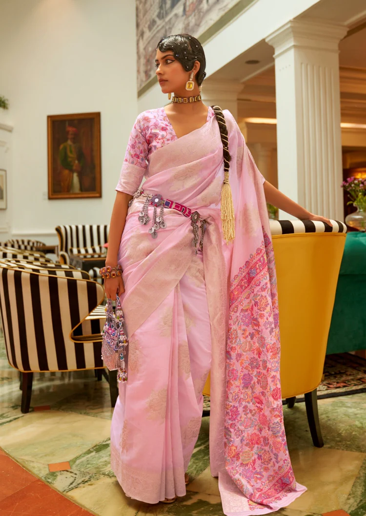 Handloom Kashmiri Banarasi Silk Pink Saree